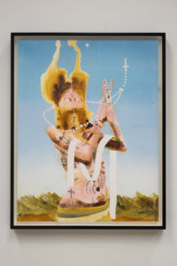 A painting depicting a Christ-like figure whose torso is naked, holding his hands clasped together. The figure has drawings on his body that look like tattoos.